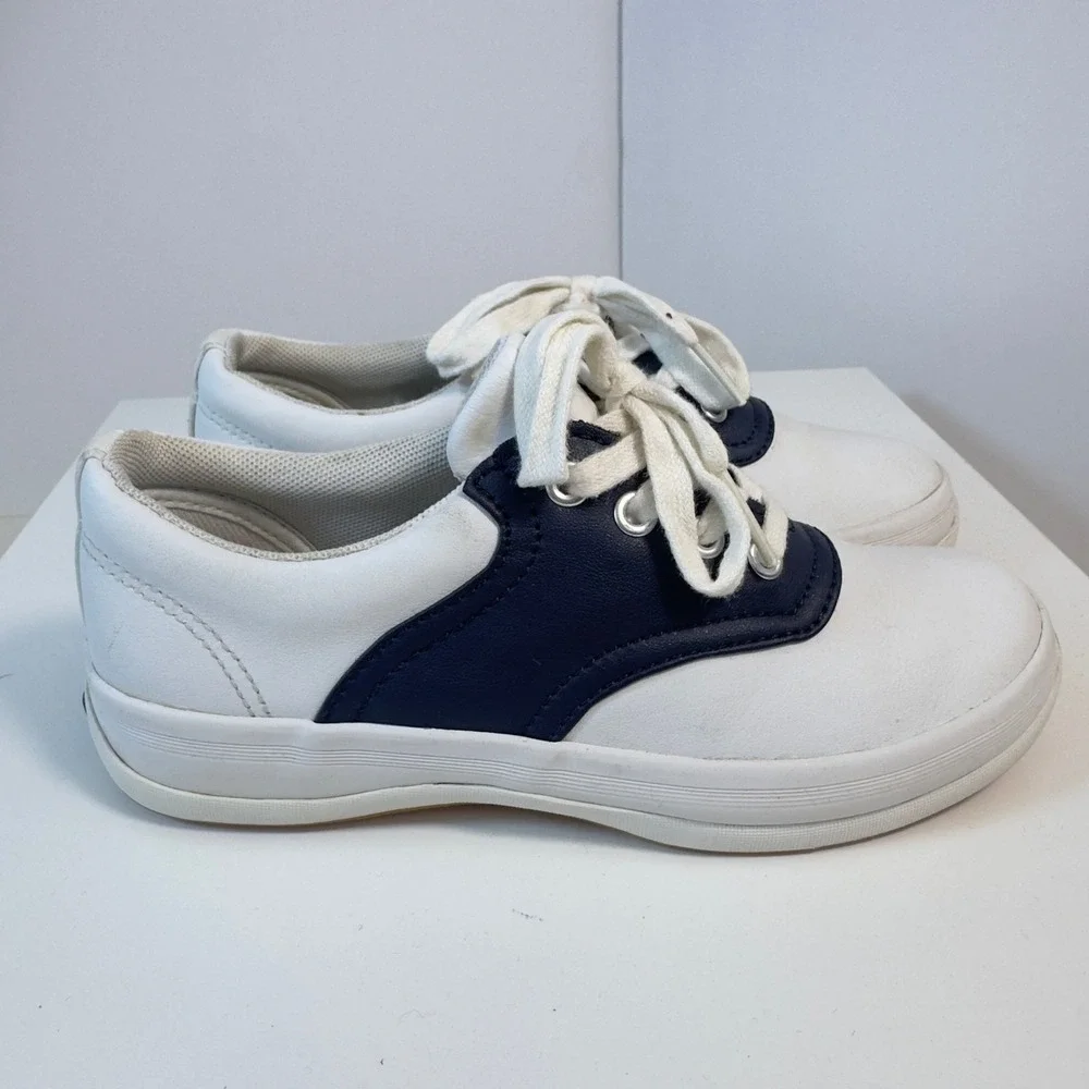 Keds School Days II Sneakers Kids Size 1M White Navy Blue Leather Saddle Shoes